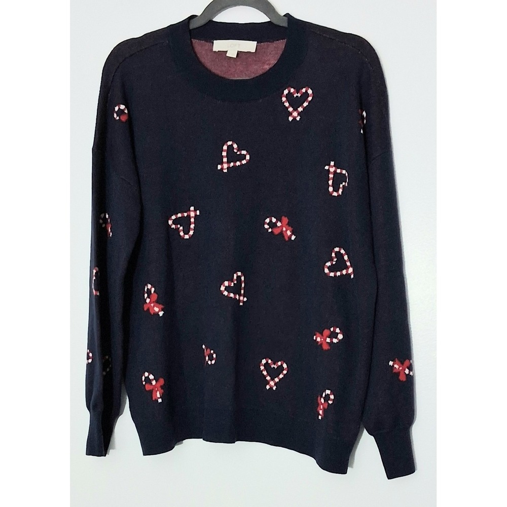 Loft Sweater Women's Size Large Navy Candy Cane Hearts Christmas Holiday Fun